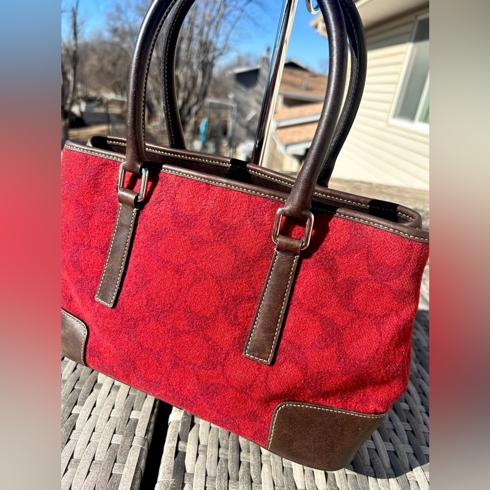 1991 Rare True Vintage Coach Signature Wool & Leather Tote Deep Red EUC! - Picture 3 of 13
